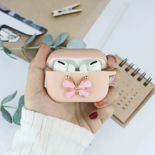 Vista 3 de Wonhibo Funda para Airpods Pro, bonita funda de diseño de mariposa para Airpod Pro 2019 con llavero para mujeres y niñas (rosa)