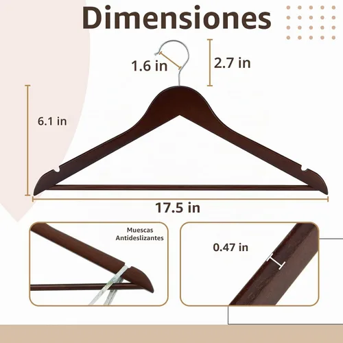 Vista 3 de Perchas de madera, paquete de 20 perchas con acabado extra suave, muescas cortadas con precisión y gancho giratorio cromado, perchas de madera