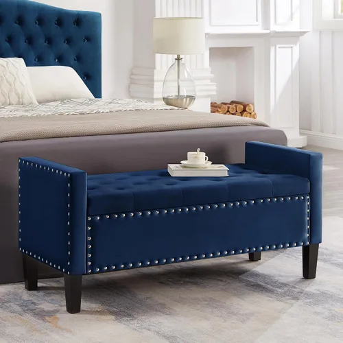 Vista 8 de Setawix Banco de almacenamiento de terciopelo para dormitorio, banco otomano armado para sala de estar, bancos de almacenamiento modernos de Beige