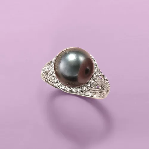 Vista 4 de Ross-Simons 11-12mm Black Cultured Tahitian Pearl Ring With .20 ct. t.w. White Topaz in Sterling Silver