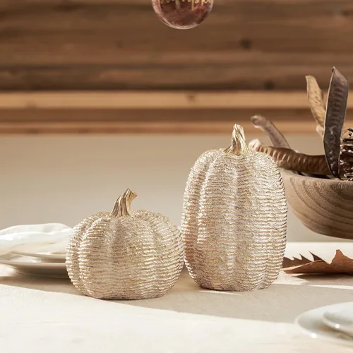 Vista 2 de DN DECONATION - Centros de mesa de decoración de calabaza de otoño, 2 piezas, oro blanco Artificial Pumpkins Figurines for Autumn Thanksgiving