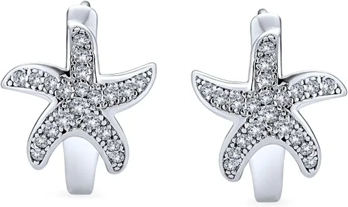 Vista 2 de Aretes de aro con forma de estrella de mar náutica para mujer, para adolescentes, micro pavimentar circonita cúbica, plata de ley 925, Gema Metal