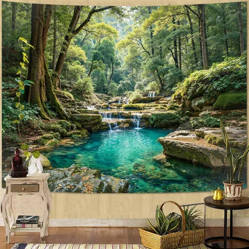 Vista 29 de Zussun Tapiz de Bosque Natural de Montaña Tapiz Verde de Pino Luz Solar Selva para Dormitorio Estético Planta Paisaje de Montaña Tapices Pequeños
