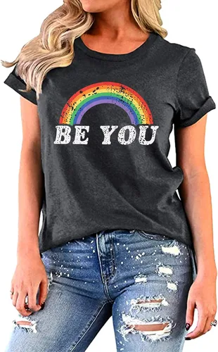 Vista 2 de Camisa de arco iris para mujer, camiseta de orgullo con estampado de arco iris, camisetas casuales de manga corta, Arco iris