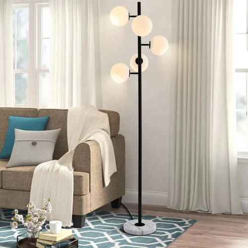Vista 3 de KCO Lighting Five Globe - Lámpara de pie moderna de mediados de siglo, pantalla de vidrio de leche, acabado negro, base de mármol para sala de estar