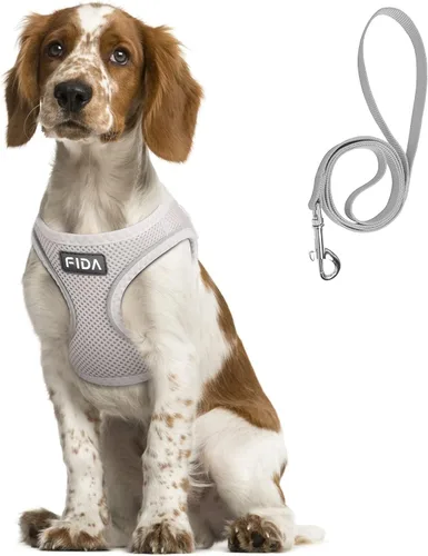 Vista 8 de Fida Cómodo arnés para perro con correa, chaleco suave para cachorros, a prueba de escapes, transpirable y ligero de malla suave, arnés reflectante