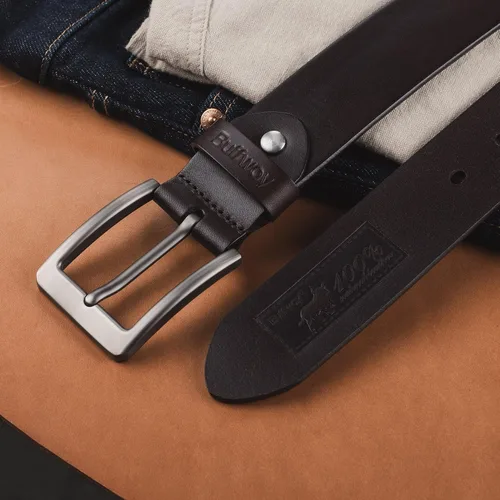 Vista 6 de Cinturón Buffway de piel italiana, resistente, cinturones de vestir con hebilla clásica, resistente, informal, para hombre