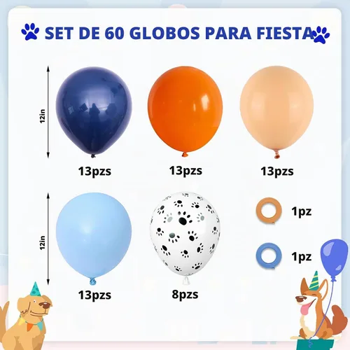 Vista 2 de Funhot Set de Globos Azules y Naranjas, 60 Unidades, Globos Temáticos de Perro, 12 Pulgadas, Globos de Fiesta Pastel Naranja Azul Marino Impresos
