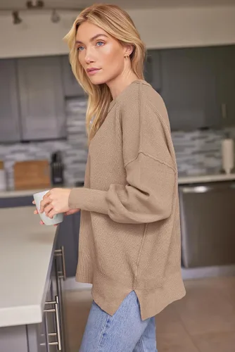 Vista 21 de Lillusory - Suéter extragrande con mangas de murciélago y cuello redondo para mujer, prenda moderna de otoño de tejido de punto sin botones