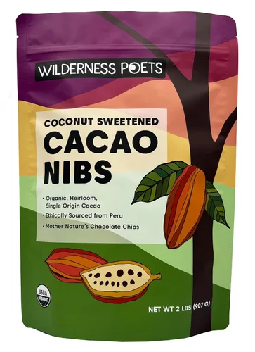 Vista 8 de Wilderness Poets, Plumas de cacao orgánico (endulzadas con néctar de coco) - 100% reliquia peruana (variedad criollo), 8 onzas, 8.01 oz