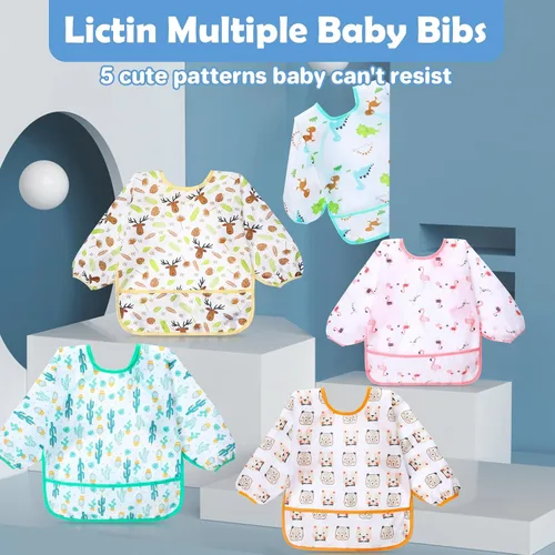 Vista 2 de Lictin Long Sleeve Bibs 5 Pack - Baby Bibs for Girl or Boy, Reusable Infant for Feeding Teething or Weaning