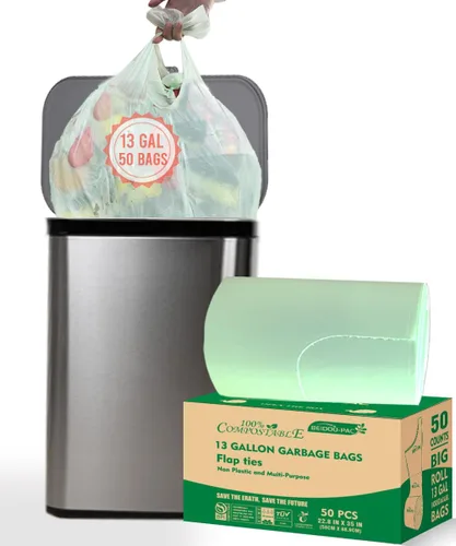 Vista 19 de BEIDOU-PAC Bolsas de basura compostables certificadas de 1.6 galones con asa, 125 bolsas de basura pequeñas de compost para cocina, bolsas de basura