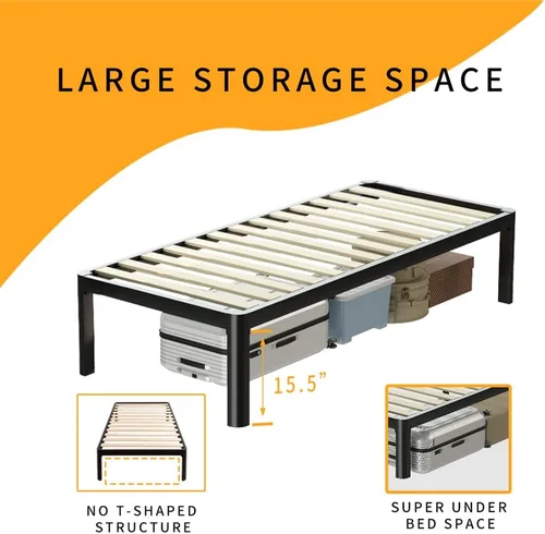 Vista 23 de MAF - Base de cama de plataforma de 14 pulgadas para cama individual con listones de madera, base de cama de metal resistente de 3500 libras