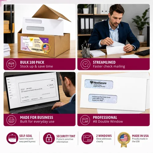 Vista 8 de NextDayLabels Sobres de doble ventana #8 – Paquete de 100 sobres de negocios listos para sellar con tinte de seguridad – Sobres autosellantes