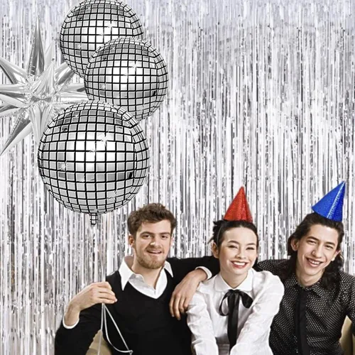 Vista 5 de 24 globos de bola de discoteca con 3 cortinas de flecos de aluminio, enormes globos de aluminio de estrella de explosión plateada para cumpleaños