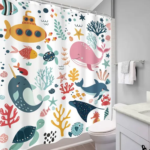 Vista 4 de Cortina de ducha para niños, océano, verano, linda ballena de dibujos animados, divertida decoración de baño para guardería, niños y niñas