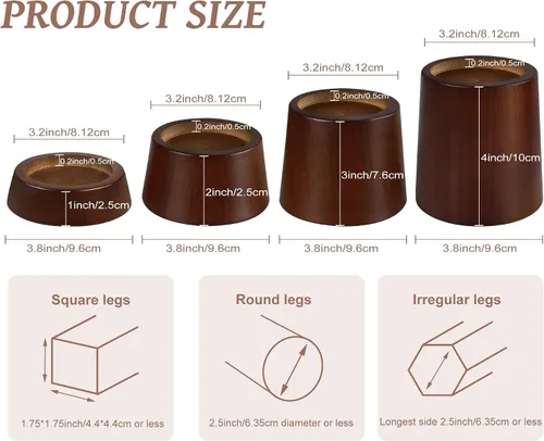 Vista 2 de OneDream Bloques elevadores de madera para muebles, juego de 4 elevadores de cama de 1 pulgada, elevadores redondos de madera maciza resistente