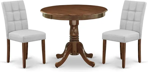 Vista 19 de East West Furniture ANAS3-AWA-08 Juego de mesa de comedor de cocina de 3 piezas contiene una mesa moderna y 2 sillas de comedor tapizadas de tela