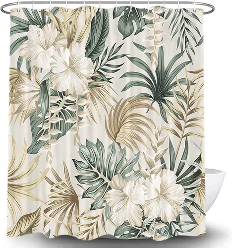 Vista 8 de DYNH Cortina de ducha para baño, diseño de plantas tropicales, plantas tropicales, caravanas, hojas de palmera verde salvia, beige, bonita