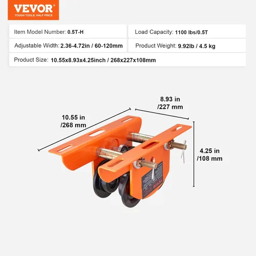 Vista 7 de VEVOR Carro manual de polipasto eléctrico, 1100 lbs/0.5 toneladas de capacidad para PA200 PA250 PA300 PA400 PA500, carretilla de viga de empuje