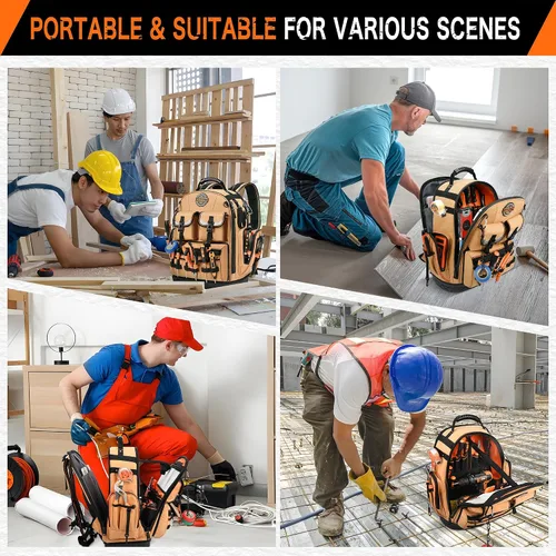 Vista 8 de Mochila para herramientas, mochila de herramientas resistente, bolsa de herramientas HVAC para electricista/trabajos de construcción con base Marrón