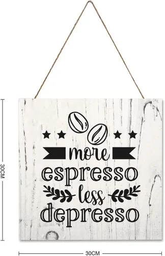 Vista 2 de ArogGeld Letrero de madera con texto en inglés "More Espresso Less Depresso" para decoración de pared de granja, placa de madera para cocina
