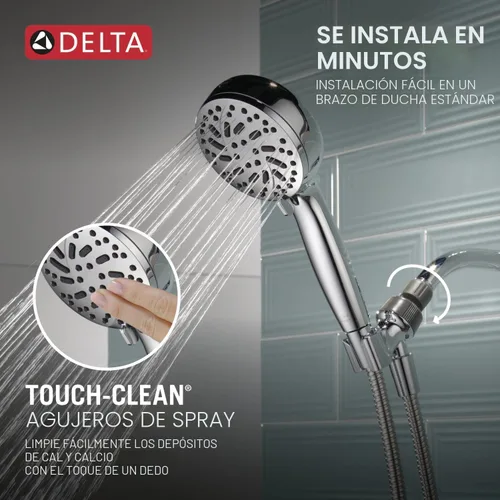 Vista 6 de Cabezal de ducha Delta ProClean cromado con mano, cabezal de ducha con rociador de alta presión, cabezal de ducha de mano, 6 configuraciones de Cromo