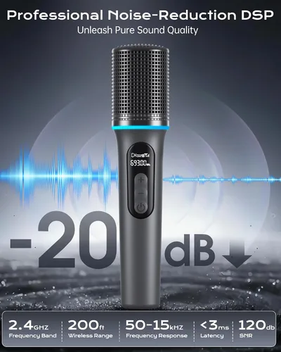 Vista 4 de Micrófono inalámbrico, micrófono dinámico de mano profesional con receptor recargable, ajuste de volumen de 5 niveles, iluminación RGB dinámica