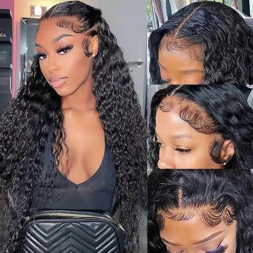 Vista 5 de Pelucas de pelo rizado para mujeres afroamericanas. Pelucas de encaje frontal con pelo de bebé. Peluca sintética ondulada, resistente al calor Negro