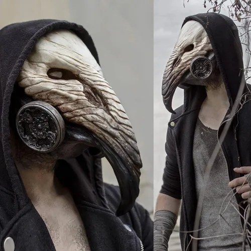 Vista 6 de Máscara de médico de la peste con capa negra, juego de 2 piezas, accesorios de disfraz de Halloween, máscaras de cosplay de emulsión