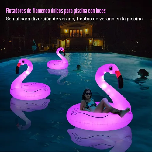 Vista 7 de Inflatable Flamingo Pool Floats with Lights, FlyfreeU Solar Powered Pink Pools Flamingo Float Rings, 42'' Lake Beach Floaties Swimming Rings Summer