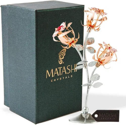 Vista 2 de Matashi Figura de flores de metal dorado rosa y cromo con cristales rojos y rosados, impresionante regalo de decoración de mesa rosa para el día