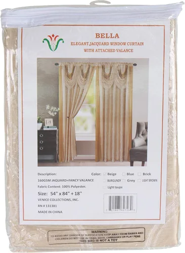 Vista 3 de V Bella - Panel de cortina jacquard de lujo con cenefa de cascada adjunta y bufanda, 54 x 84 pulgadas, color beige