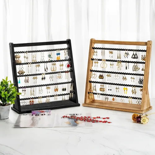 Vista 7 de Poyilooo Soporte organizador de aretes, estante de madera rústica para aretes, organizador de joyas de 5 capas con 270 agujeros de árbol para aretes