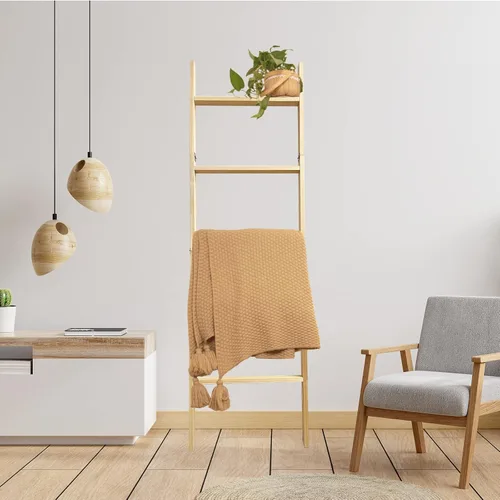 Vista 6 de Escalera para mantas, soporte de edredón de madera de 5 niveles, natural