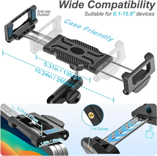Vista 6 de Soporte para tableta de parabrisas de camión de doble cabezal, cabezal de bola de metal ajustable de rotación de 360°, funda de grosor de ajuste