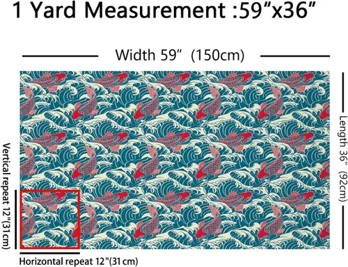 Vista 2 de Koi Fish - Tela de tapicería de The Yard, tela decorativa japonesa exótica Hokusai con olas del océano para tapicería y proyectos de bricolaje