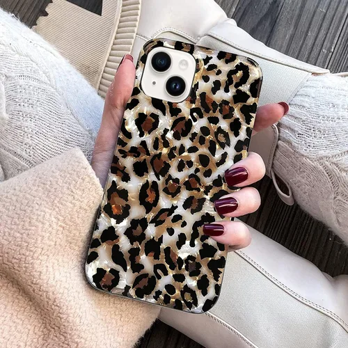 Vista 4 de J.west - Funda compatible con iPhone 14, elegante y brillante, translúcida y transparente, con estampado vintage de leopardo, de silicona suave