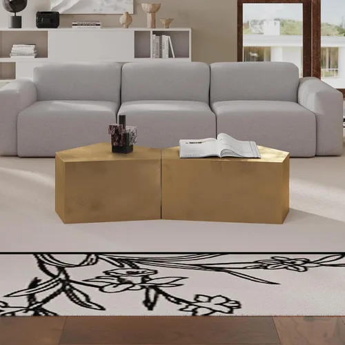 Vista 4 de Yoglad Juego de 2 mesas de centro anidables del Pentágono, mesas de café de forma irregular, muebles modernos de estilo industrial, no necesita