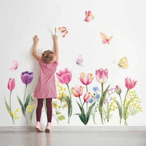 Vista 8 de Pegatina de pared de flores, diseño floral morado, calcomanías de pared de mariposa extraíbles, autoadhesivas, mural para guardería, dormitorio Flor