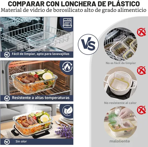 Vista 5 de HOTEC Recipiente de vidrio de almacenamiento de alimentos de 35 onzas, recipientes herméticos de vidrio para almuerzo y frutas con tapas, apto