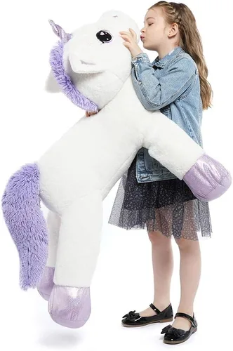 Vista 16 de Tezituor Juguetes de unicornio de peluche de 32 pulgadas, animales de unicornio gigante beige de peluche, encantadoras decoraciones de peluche
