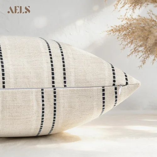 Vista 4 de AELS Fundas de Almohada Decorativas de Lino Estilo Granja de 16x16, Funda de Almohada con Textura Boho, Juego de 2, Beige con Rayas de Hilo Teñido