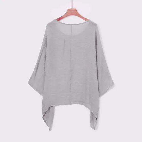 Vista 4 de Blusa de verano de lino de algodón para mujer, dobladillo irregular, asimétrico, hombros caídos, con textura, plisado liso