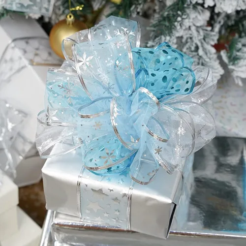 Vista 5 de MEEDEE Cinta de Navidad turquesa de 2.5 pulgadas, 6 rollos, 36 yardas, azul y plateado para árbol de Navidad