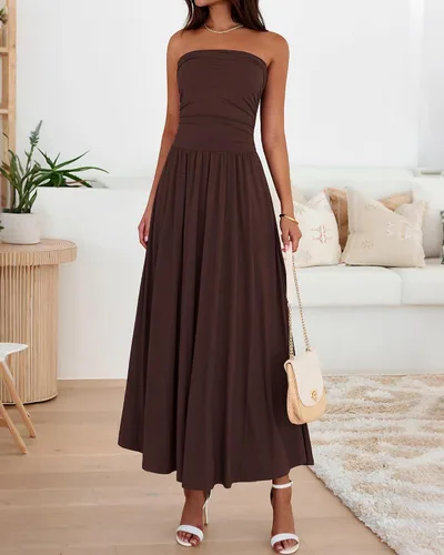 Vista 2 de BTFBM Vestidos largos de verano para mujer, vestido sin tirantes Marrón