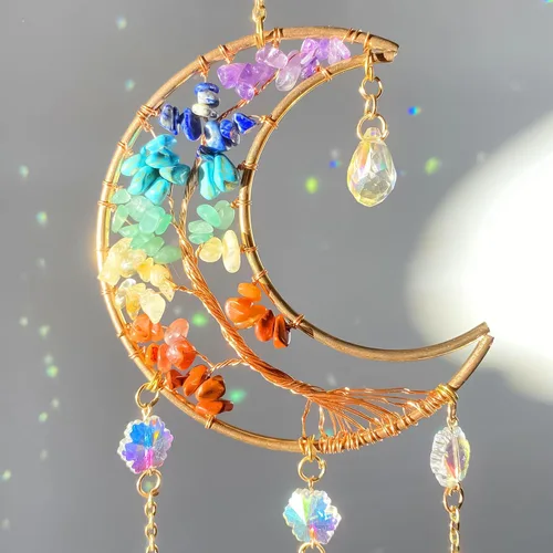Vista 7 de Atrapasueños de luna con cristal de 7 chakras, atrapasueños, atrapasueños de cristal, arco iris, decoración de buena suerte para ventana, pared