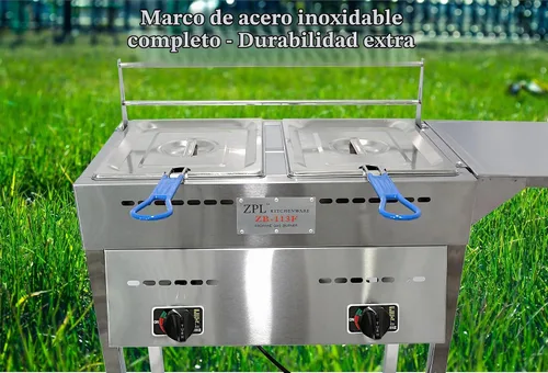 Vista 2 de Freidora de propano para exteriores, freidora doble de acero inoxidable de 18 cuartos de galón de calidad comercial con canastas, tapas y manguera