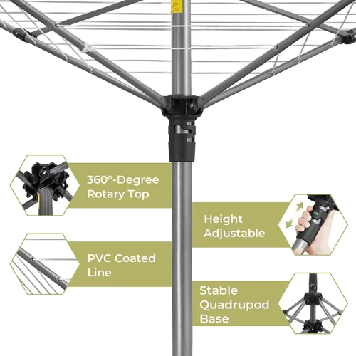 Vista 5 de Tendedero giratorio para paraguas para exteriores, resistente y retráctil con 4 brazos, 8 líneas, 82 pies, espacio para colgar, estante de secado