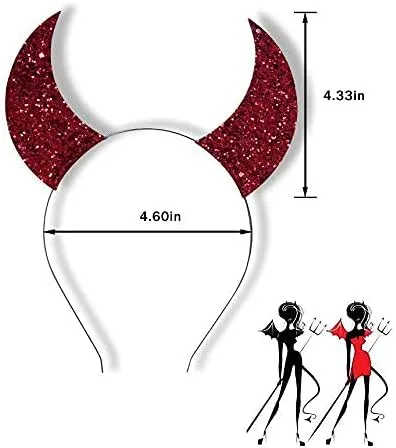 Vista 2 de Cuernos de diablo, diadema de cuernos de diablo con purpurina roja para Halloween, disfraz de Halloween, accesorio de cosplay para mujer